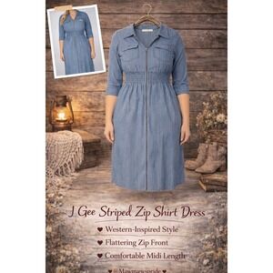 J Gee Striped Shirtdress Zip Waist western boho dress Midi Blue White M‎